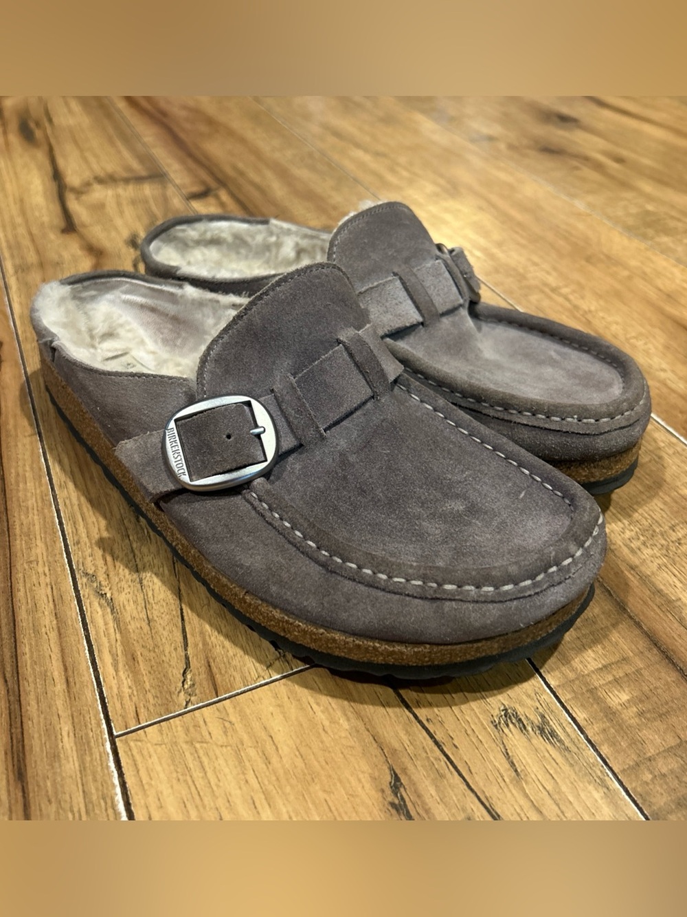 Birkenstock Buckley Shearling Suede Leather Clogs Mules gray size 10/Mens 8